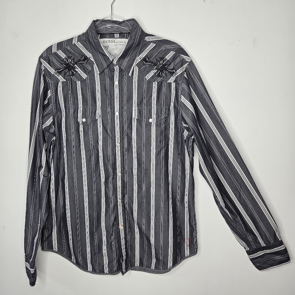 Western Pearl Snap Shirt Size L Embroidery Silver Gray Stripes Cotton Guess